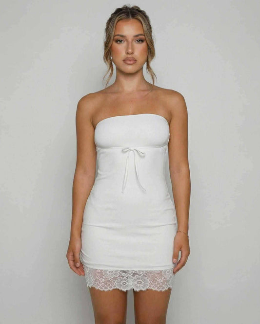 Celeste Mini Dress by Lauven, featuring a strapless design and lace hem detail.