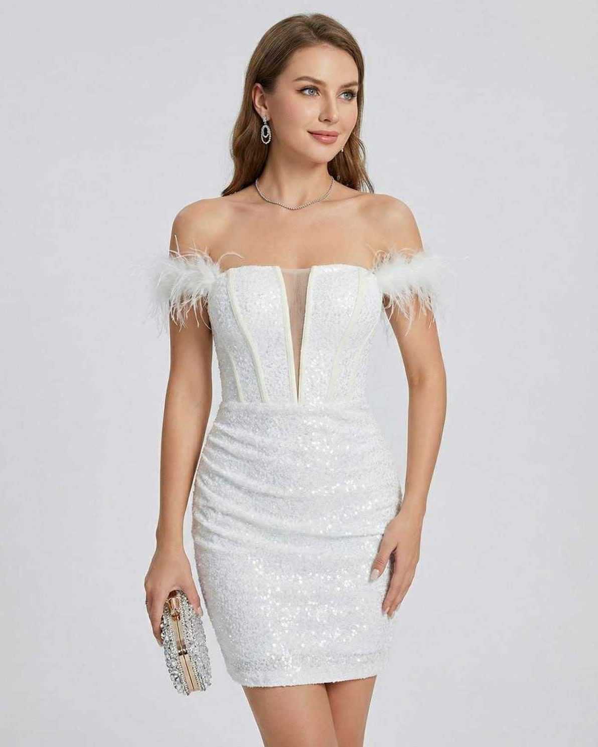 Celeste Mini Dress by Lauven featuring off-shoulder neckline and feathered details, designed in shimmering white fabric.