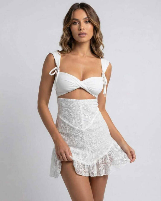 Celeste Mini Dress by Lauven in White Lace featuring spaghetti straps and a slim fit silhouette.