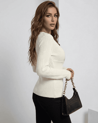 Celeste Pullover by Lauven - Slim fit V-neck ribbed sweater in ivory, perfect for layering or standalone fashion.