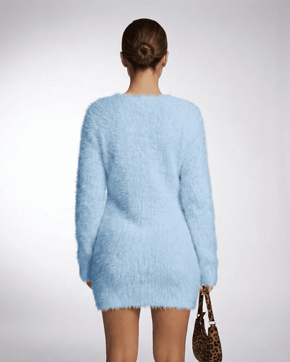 Celeste Sweater by Lauven in soft blue plush knit, showcasing the stylish back view and elegant loose fit.
