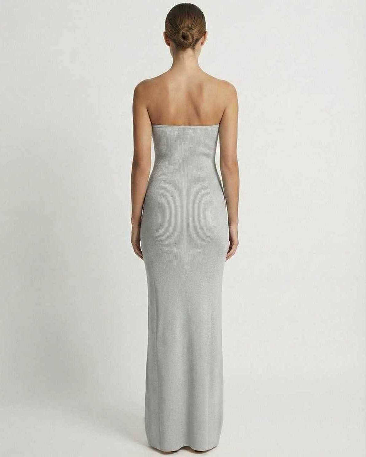 Celestia Maxi Dress by Lauven - Strapless slim fit ankle-length dress in gray, highlighting a sleek silhouette from the back.