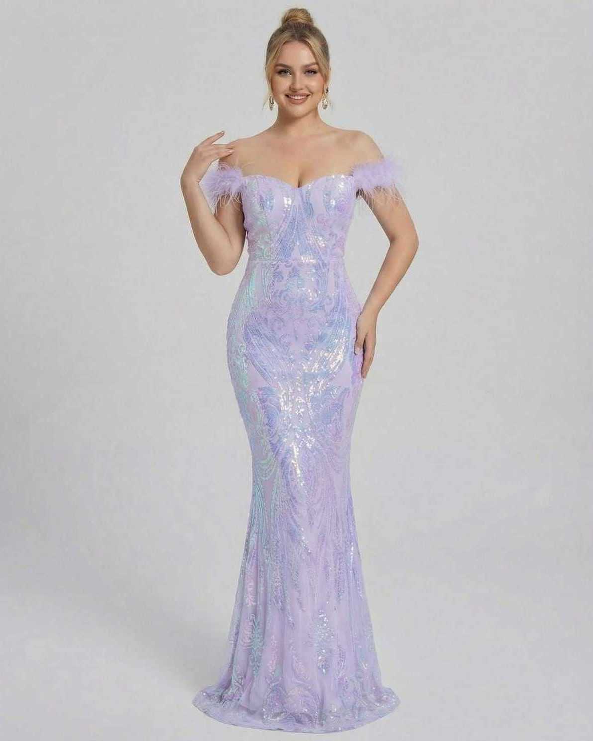 Celestia Maxi Dress by Lauven - Off-Shoulder Sequin Evening Maxi Dress in lavender hue.