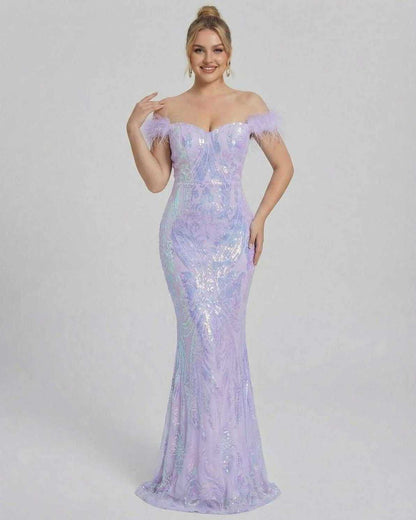 Celestia Maxi Dress by Lauven - Off-Shoulder Sequin Evening Maxi Dress in lavender hue.