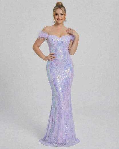 Celestia Maxi Dress by Lauven - Off-Shoulder Sequin Evening Dress in Purple showcasing elegant silhouette.