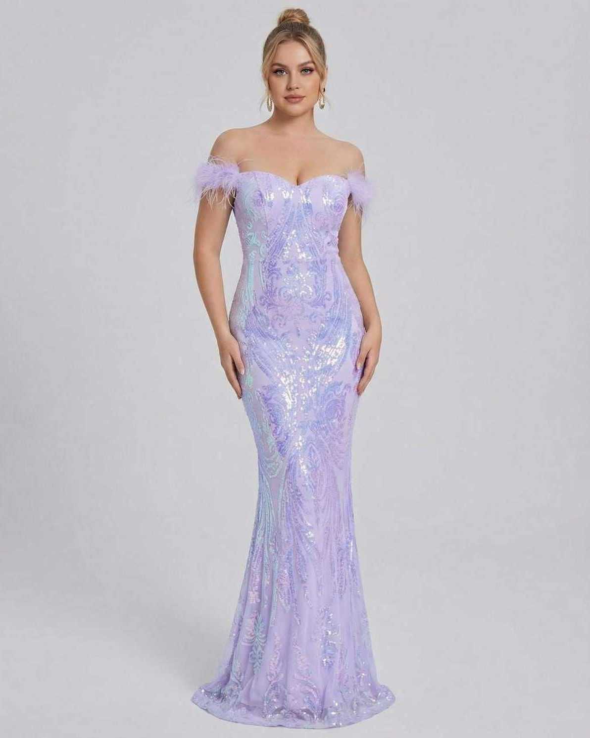 Celestia Maxi Dress by Lauven - Off-Shoulder Sequin Evening Maxi Dress in shimmering purple with elegant silhouette.