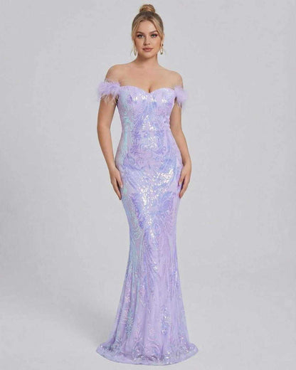 Celestia Maxi Dress by Lauven - Off-Shoulder Sequin Evening Maxi Dress in shimmering purple with elegant silhouette.