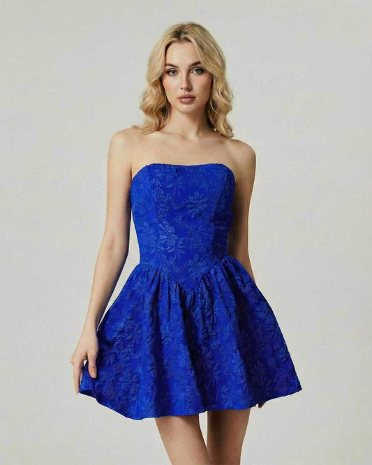 Celestia Mini Dress in vibrant blue floral jacquard by Lauven, featuring a strapless design and flared skirt.