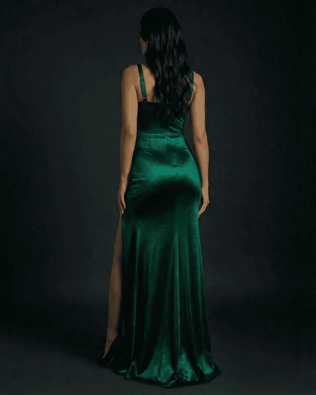 Celestine Maxi Dress by Lauven, elegant satin emerald green back view showcasing high slit design.