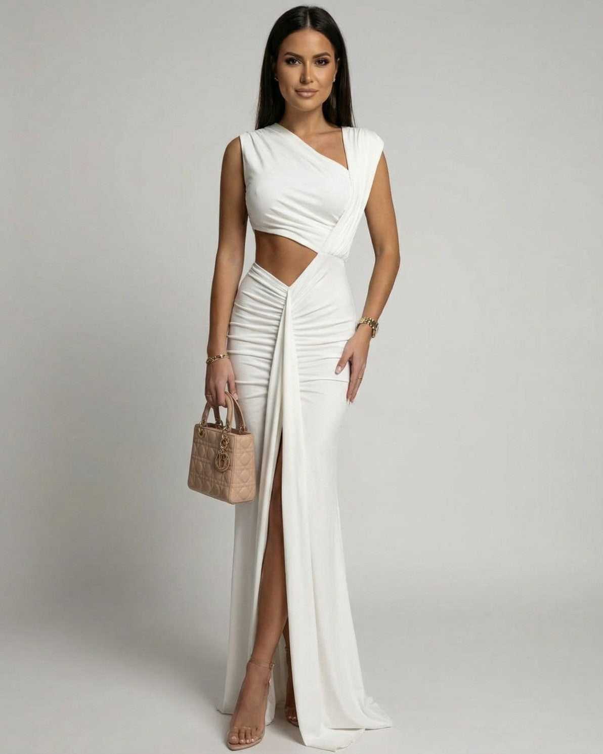 Celestine Maxi Dress by Lauven - White Asymmetrical Cutout Sheath Maxi Dress with sleek design and ankle-length silhouette.