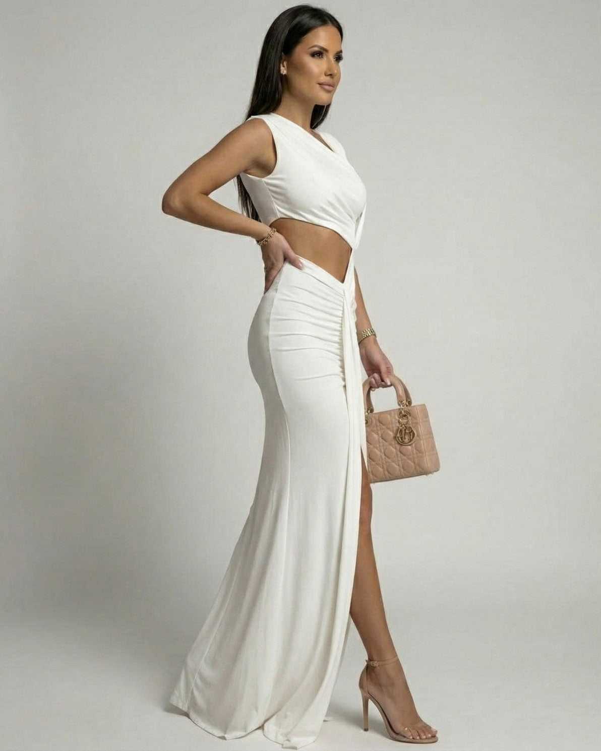 Celestine Maxi Dress by Lauven - White Asymmetrical Cutout Sheath Maxi Dress with sleek, modern profile.