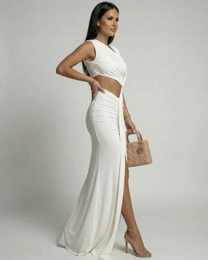 Celestine Maxi Dress by Lauven - White Asymmetrical Cutout Sheath Maxi Dress with sleek, modern profile.