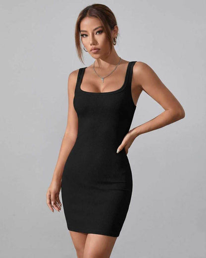 Celia Mini Dress by Lauven - sleek black rib-knit square neck tank dress showcasing modern style and slim fit silhouette.