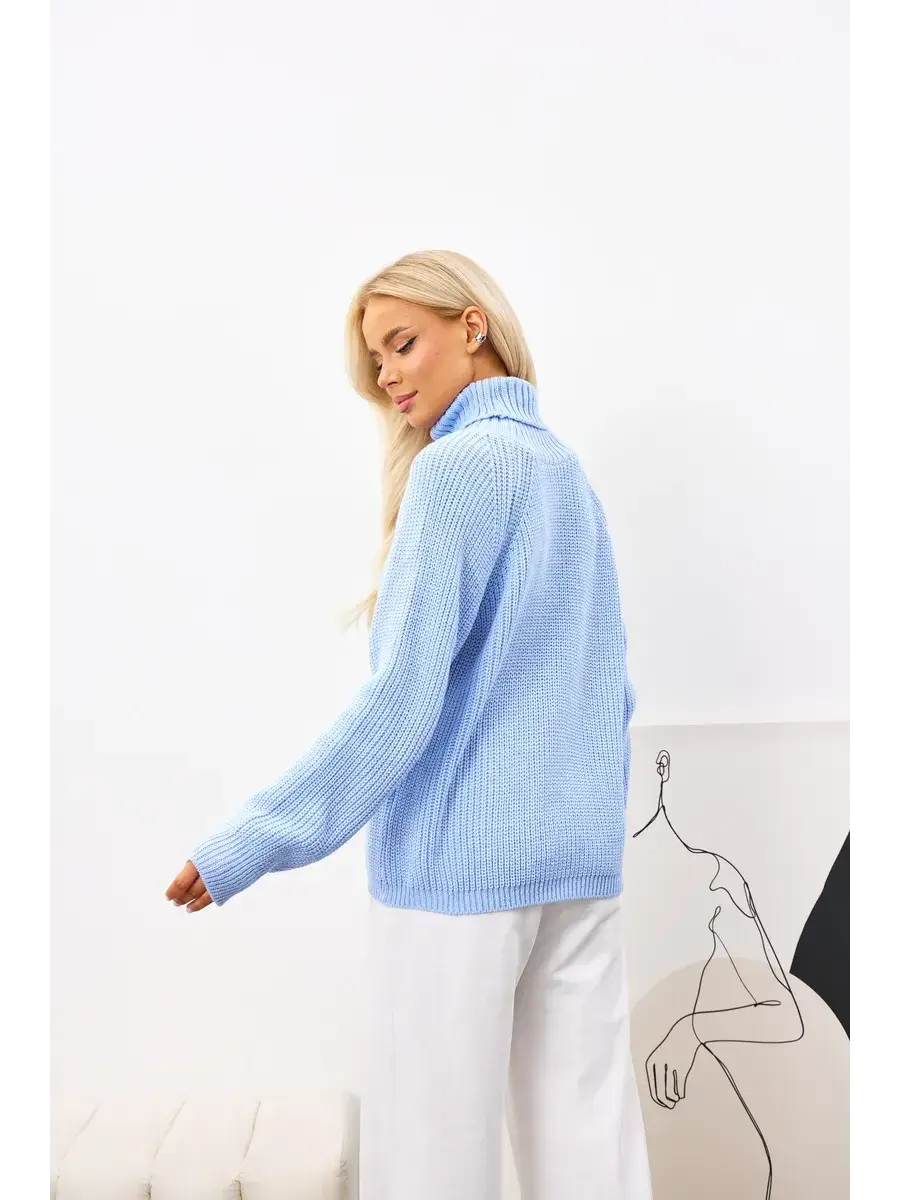 Celia Sweater by Lauven - Oversized light blue knit turtleneck showcasing relaxed style and soft ribbed texture.