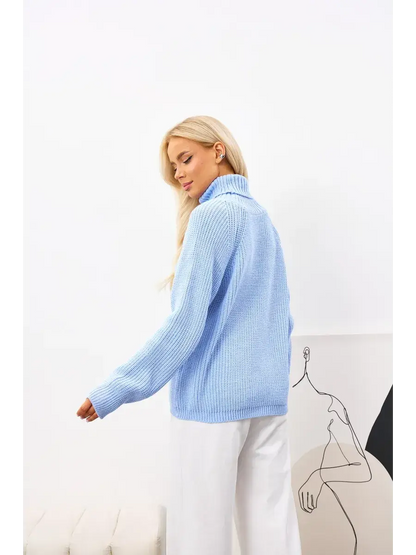 Celia Sweater by Lauven - Oversized light blue knit turtleneck showcasing relaxed style and soft ribbed texture.