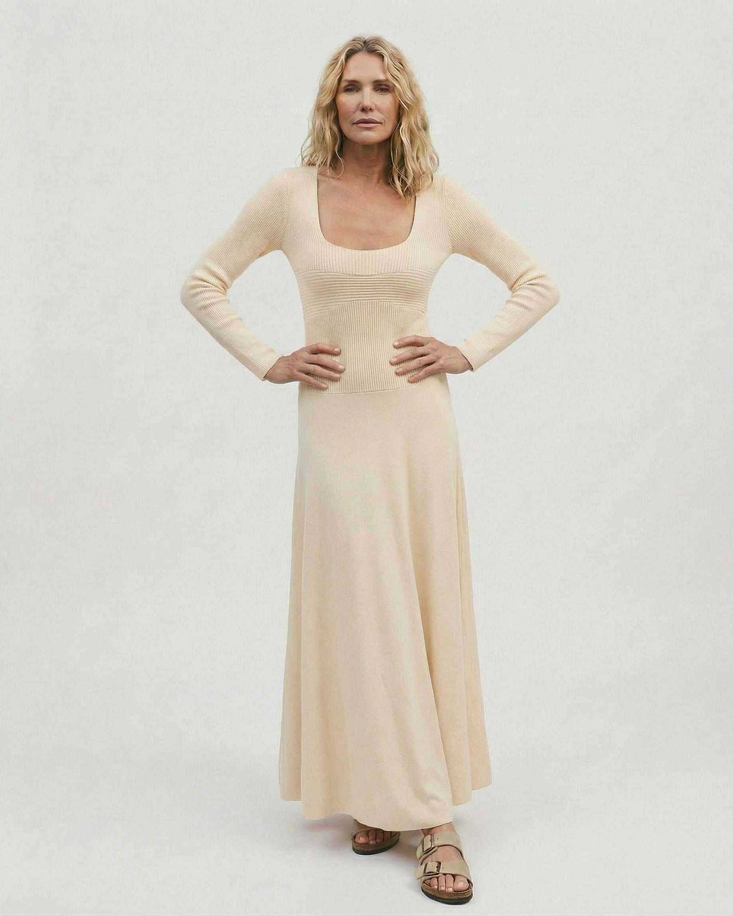 Champagne Maxi Dress by Lauven, long sleeve square neck design in a soft, elegant tone.