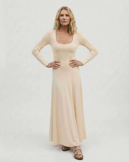 Champagne Maxi Dress by Lauven, long sleeve square neck design in a soft, elegant tone.