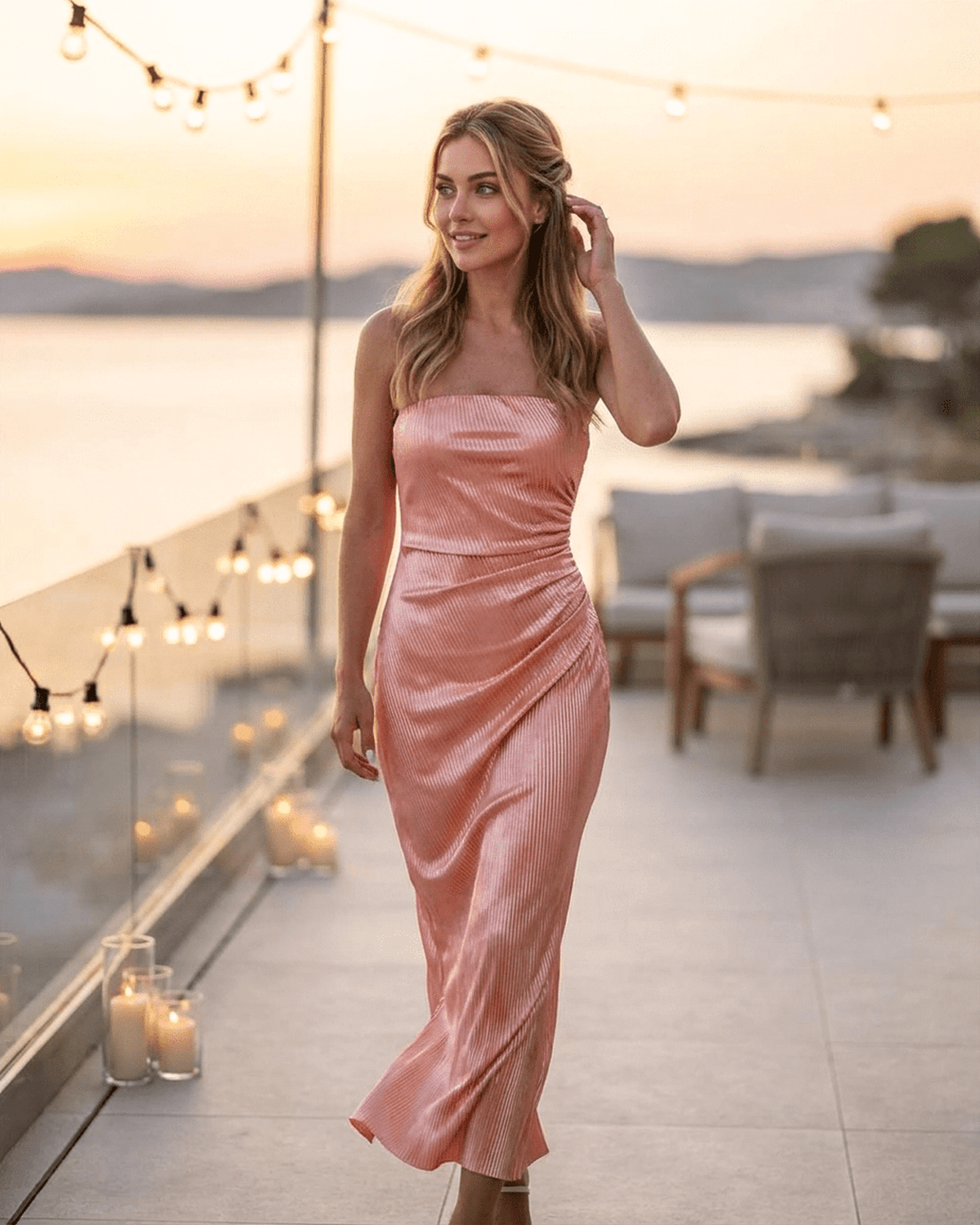 Champagne Maxi Dress by Lauven, showcasing a strapless silhouette with a subtle ruched texture in soft satin-like fabric.