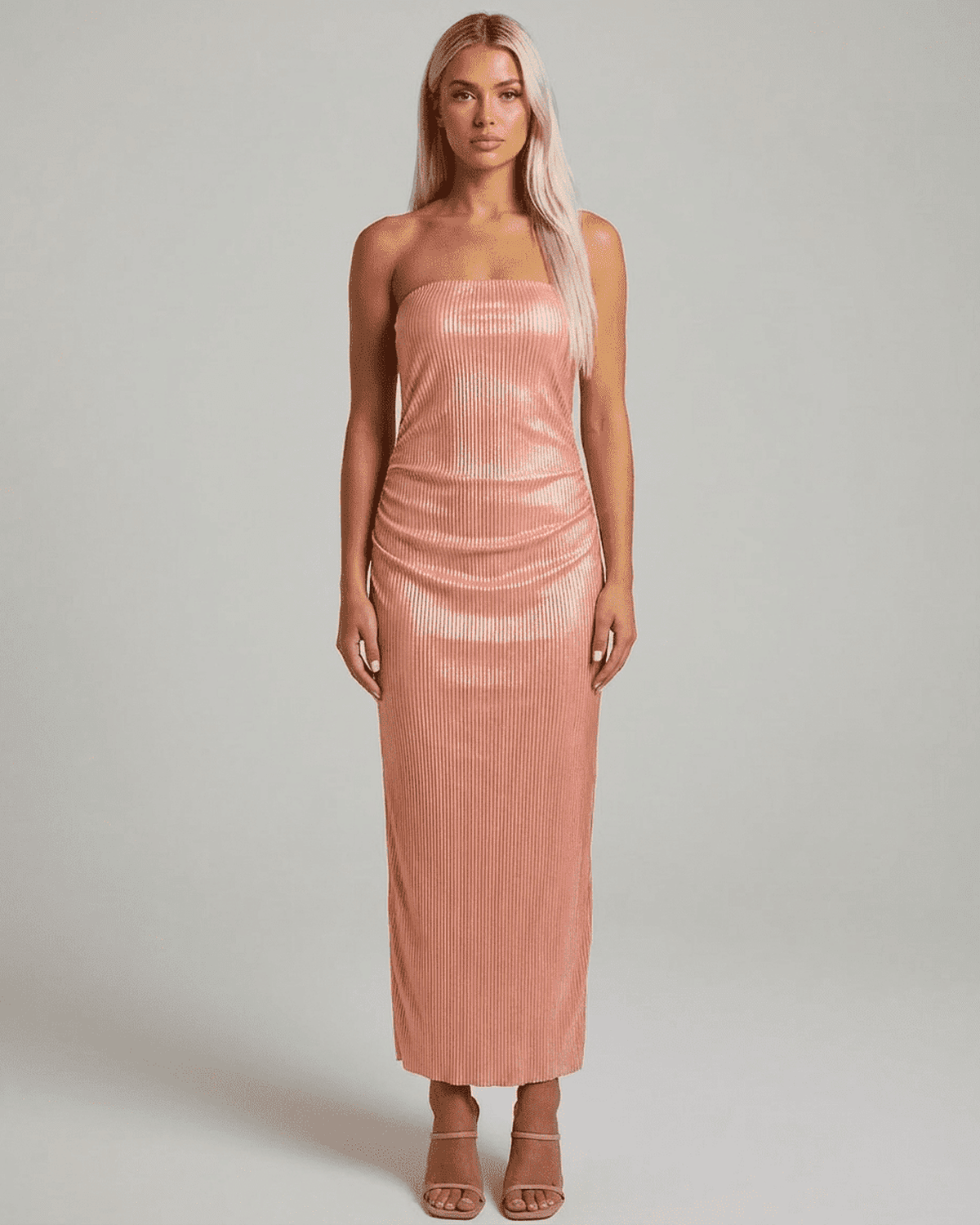 Champagne Maxi Dress by Lauven featuring strapless tube silhouette and subtle ruched texture.