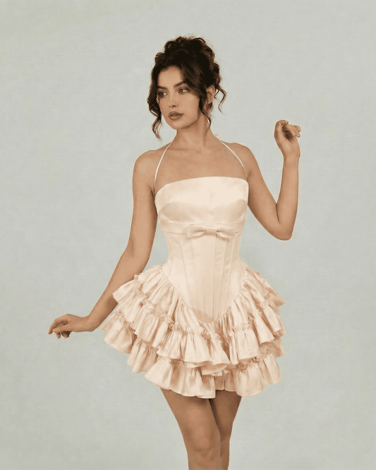 Champagne Mini Dress by Lauven, elegant corset-inspired tiered mini dress in soft nude color.