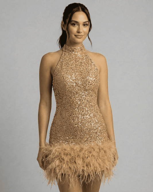 Champagne Mini Dress by Lauven – Gold sequin halter bodycon with fuzzy hem for a glamorous look.