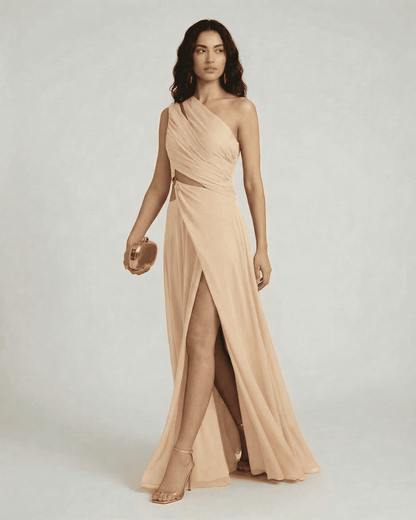 Champelle Maxi Dress by Lauven, one shoulder champagne dress with elegant side slit and high waist.