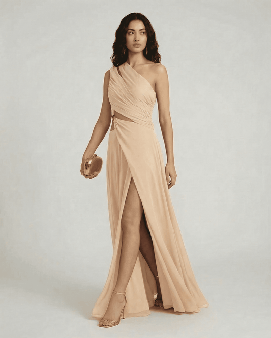 Champelle Maxi Dress by Lauven, one shoulder champagne dress with elegant side slit and high waist.