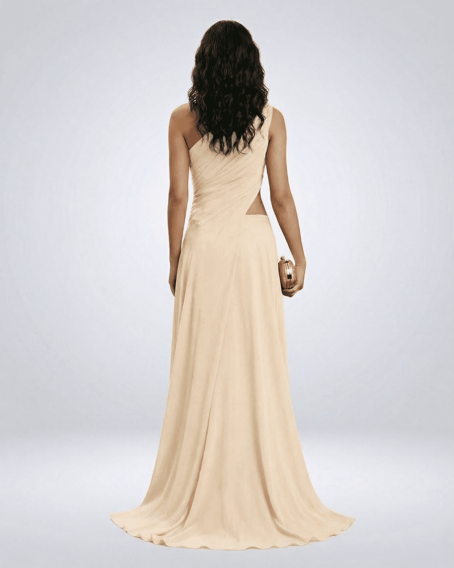 Champelle Maxi Dress by Lauven, elegant one-shoulder design with side slit, showcasing the smooth back view.