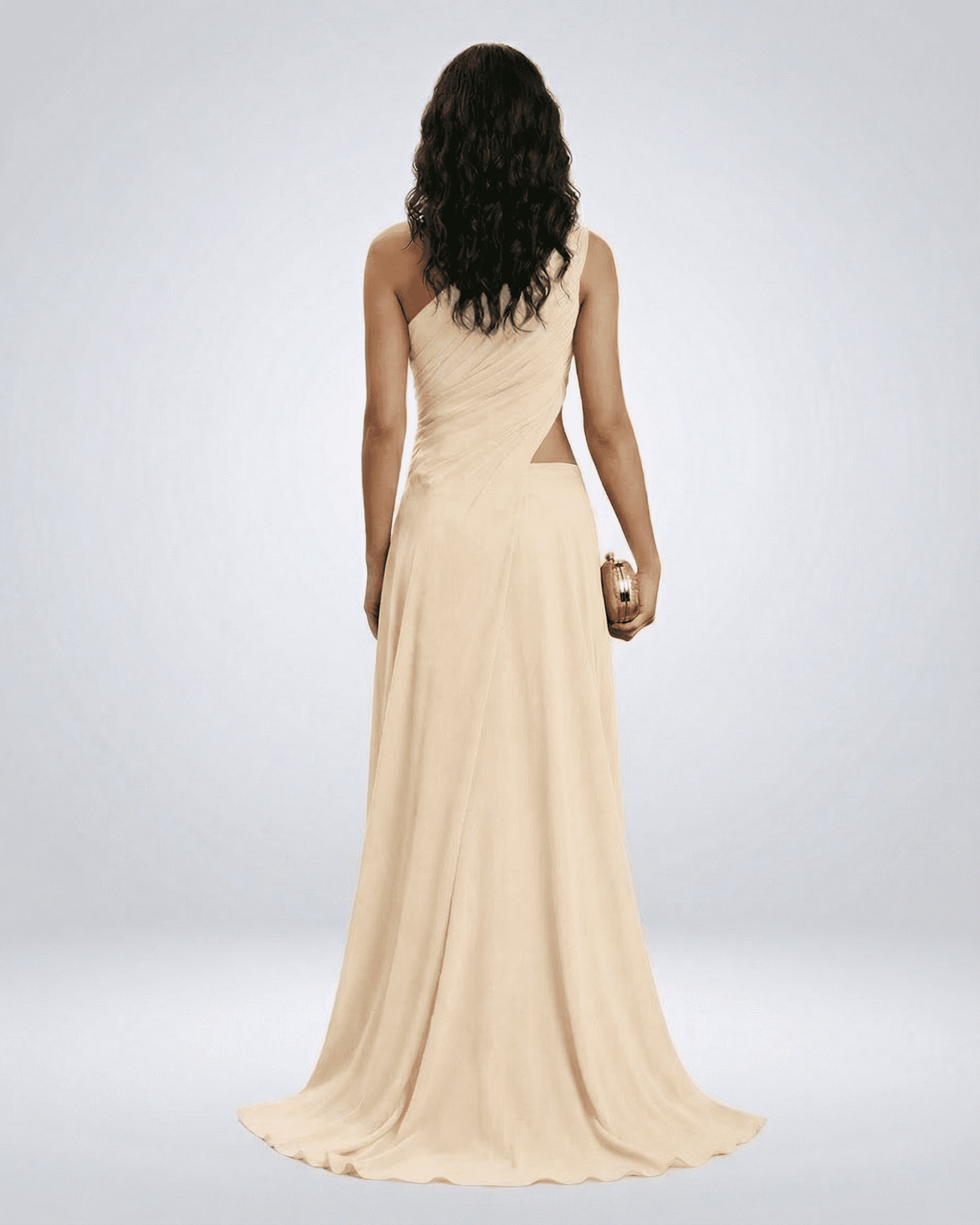 Champelle Maxi Dress by Lauven, elegant one-shoulder design with side slit, showcasing the smooth back view.