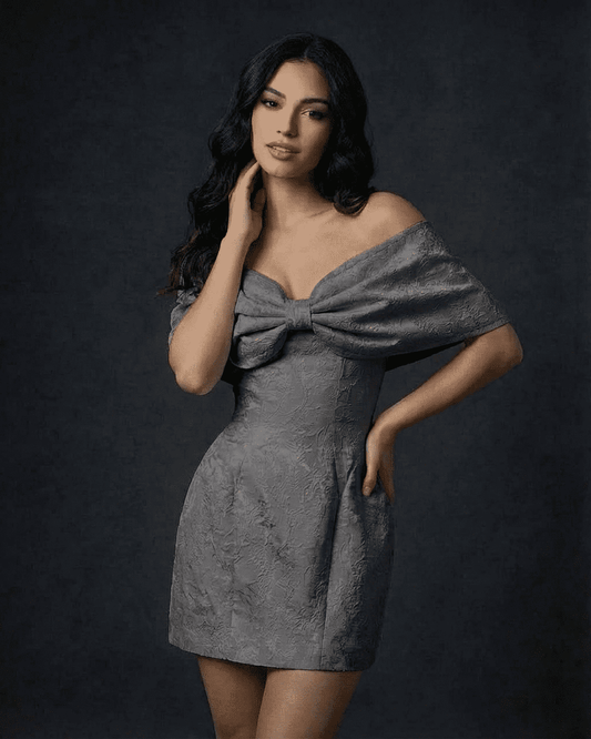 Charcoal Mini Dress by Lauven featuring off-the-shoulder bowknot accent and A-line silhouette in jacquard texture.