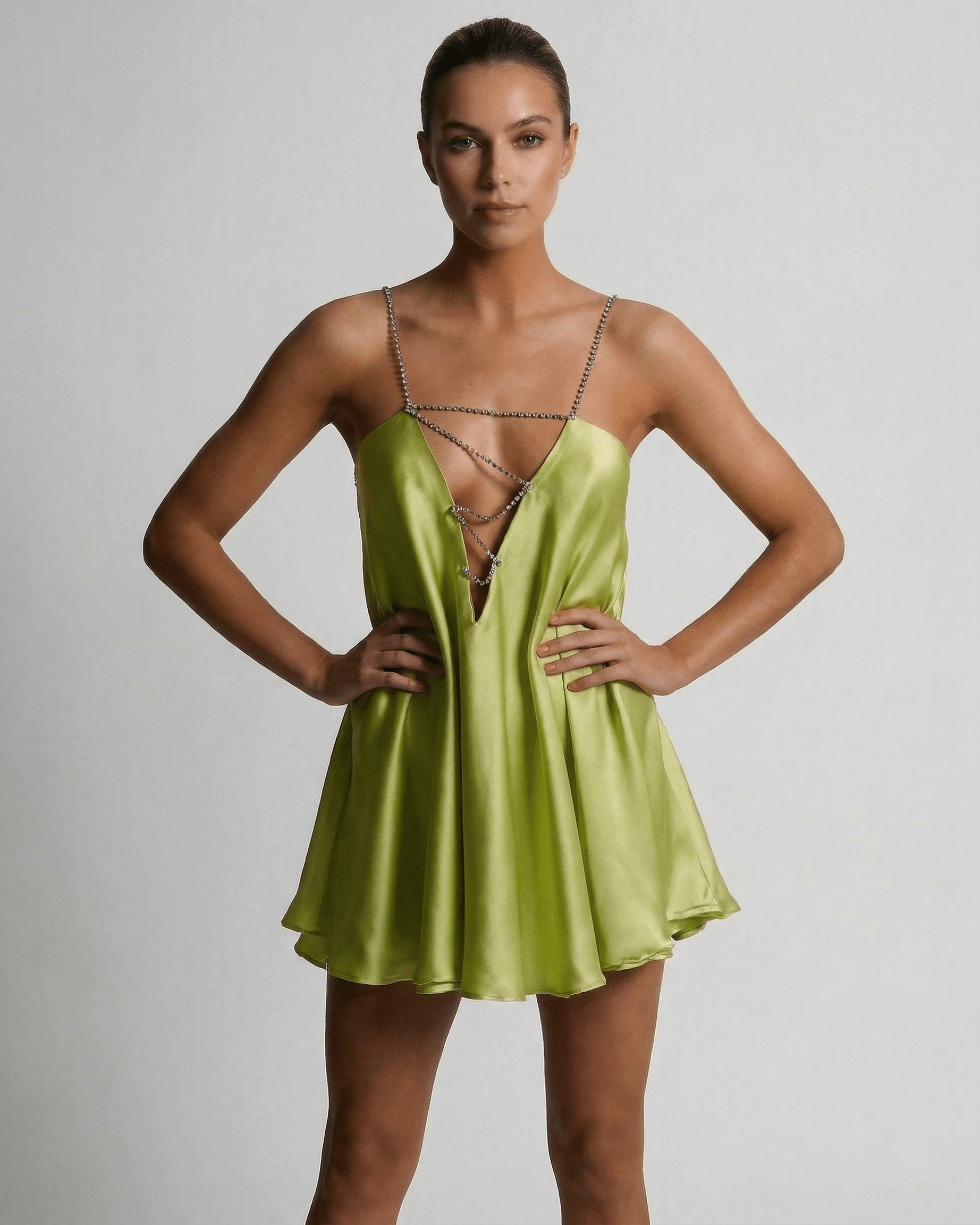 Chartreuse Mini Dress by Lauven featuring a sleek A-Line silhouette and V-neckline in silky fabric.