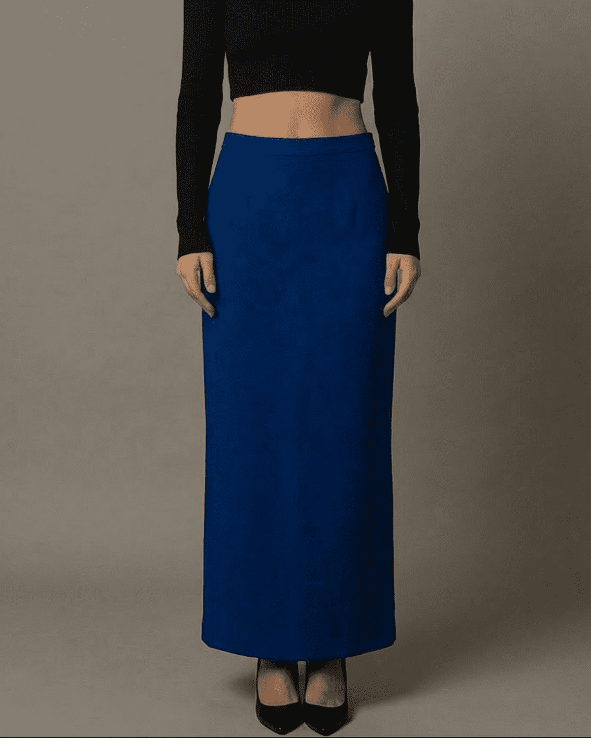 Cobalt Maxi Skirt by Lauven featuring a high-waisted silhouette with an elegant slit.