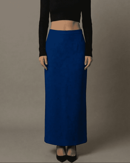 Cobalt Maxi Skirt by Lauven featuring a high-waisted silhouette with an elegant slit.