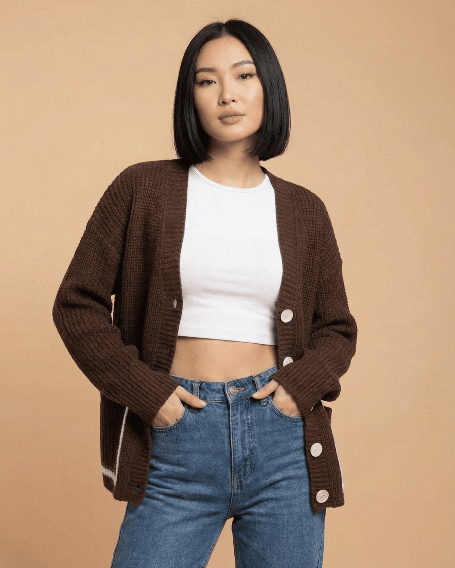 Cocoa Cardigan by Lauven, a color block knit cardigan featuring a cozy V-neck and button-front design.