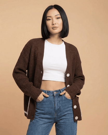 Cocoa Cardigan by Lauven, a color block knit cardigan featuring a cozy V-neck and button-front design.