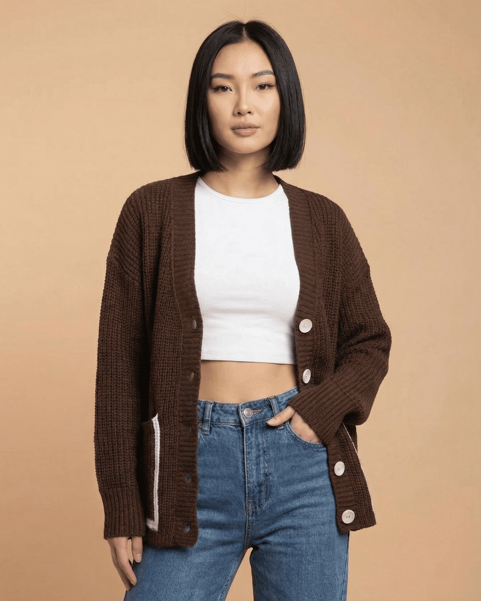 Cocoa Cardigan by Lauven worn by a model, showcasing the relaxed fit and color block design.