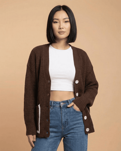 Cocoa Cardigan by Lauven worn by a model, showcasing the relaxed fit and color block design.