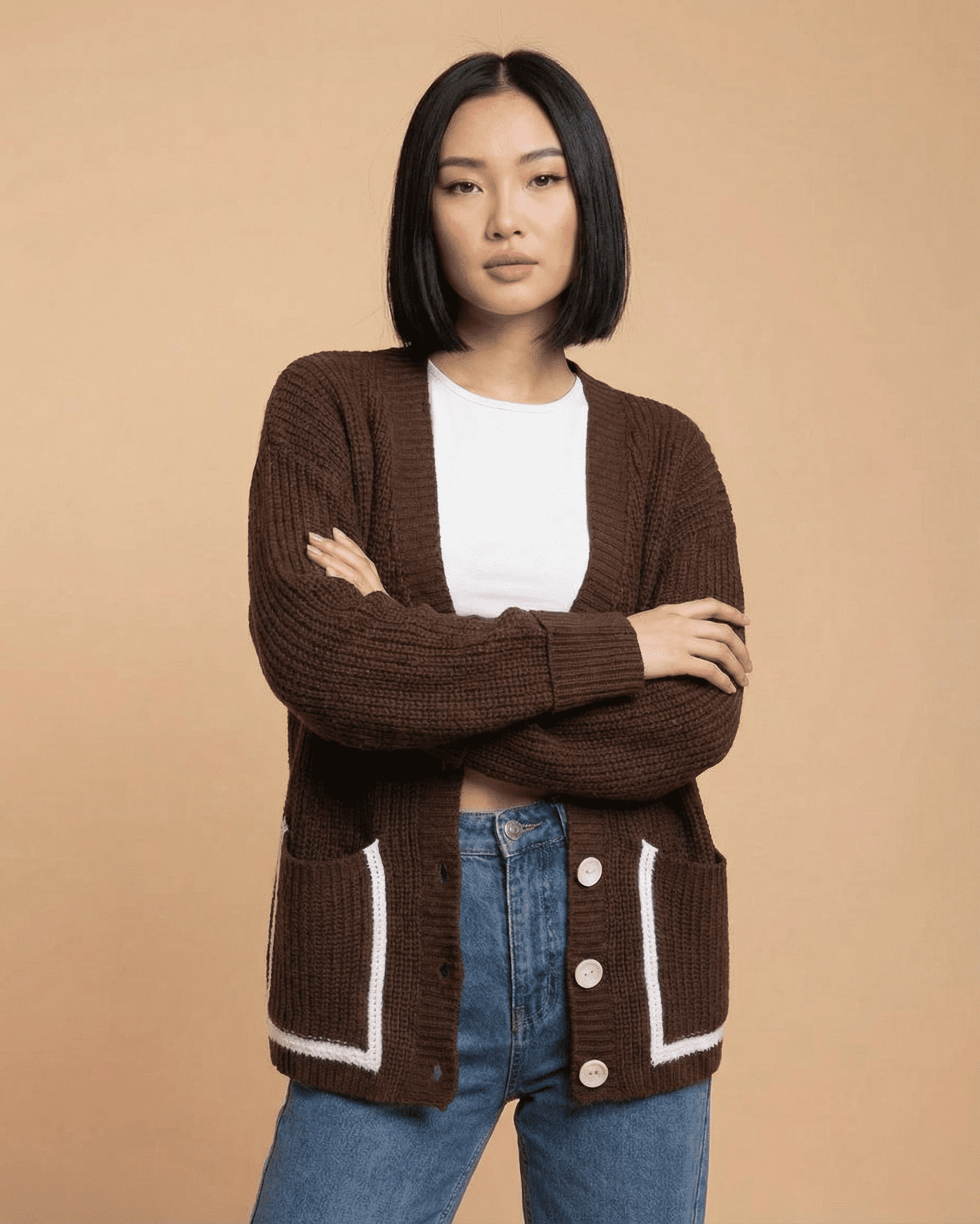 Cocoa Cardigan by Lauven, a color block knit cardigan featuring a relaxed silhouette and button-front design.