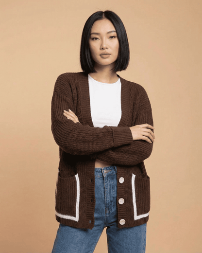 Cocoa Cardigan by Lauven, a color block knit cardigan featuring a relaxed silhouette and button-front design.