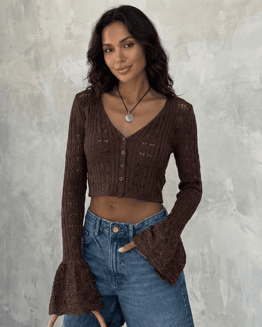 Cocoa Cardigan by Lauven, cropped cotton knit with flare sleeves, showcasing elegant style and lightweight comfort.