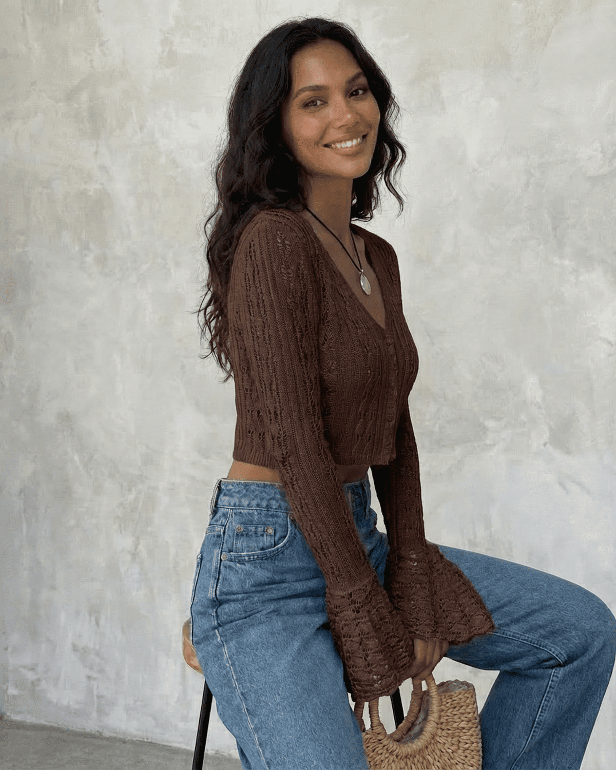 Cocoa Cardigan by Lauven featuring a cropped design, flare sleeves, and V-neckline, perfect for modern everyday elegance.