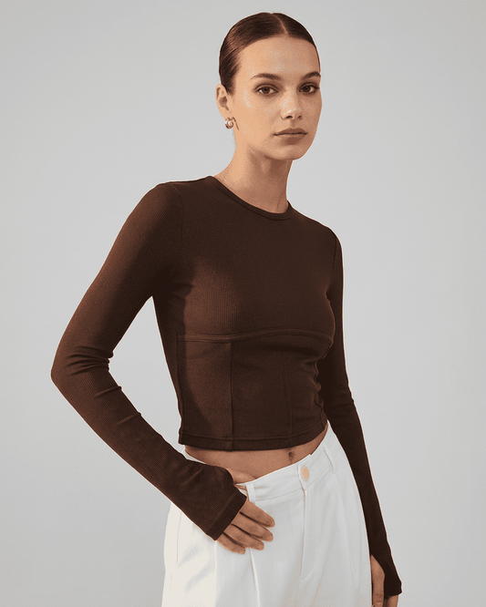 Cocoa Corset Top by Lauven featuring a long sleeve jersey design in brown, perfect for refined styling.