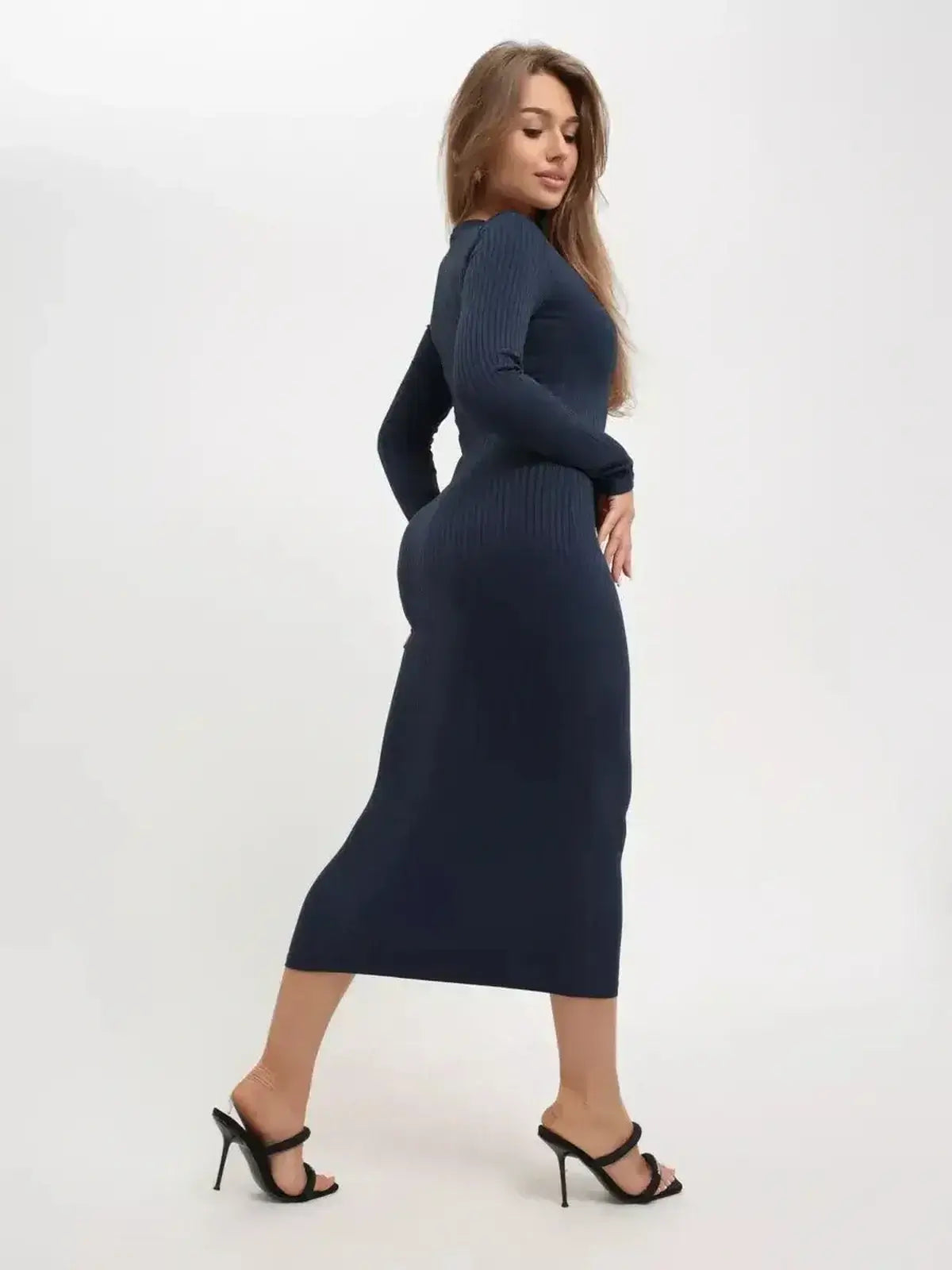 Contour Midi Dress by Lauven in dark navy ribbed knit, showcasing a sculpted fit with long sleeves.