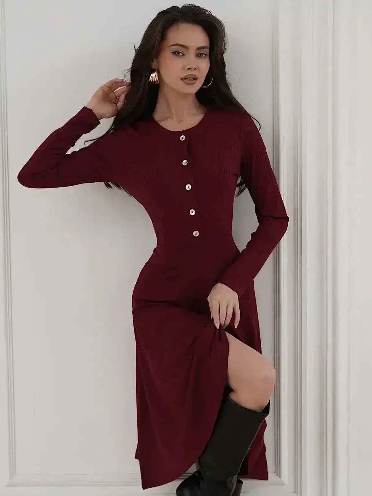 Crimson Grace Midi Dress by Lauven - Ribbed burgundy dress with gold button detail and elegant silhouette.
