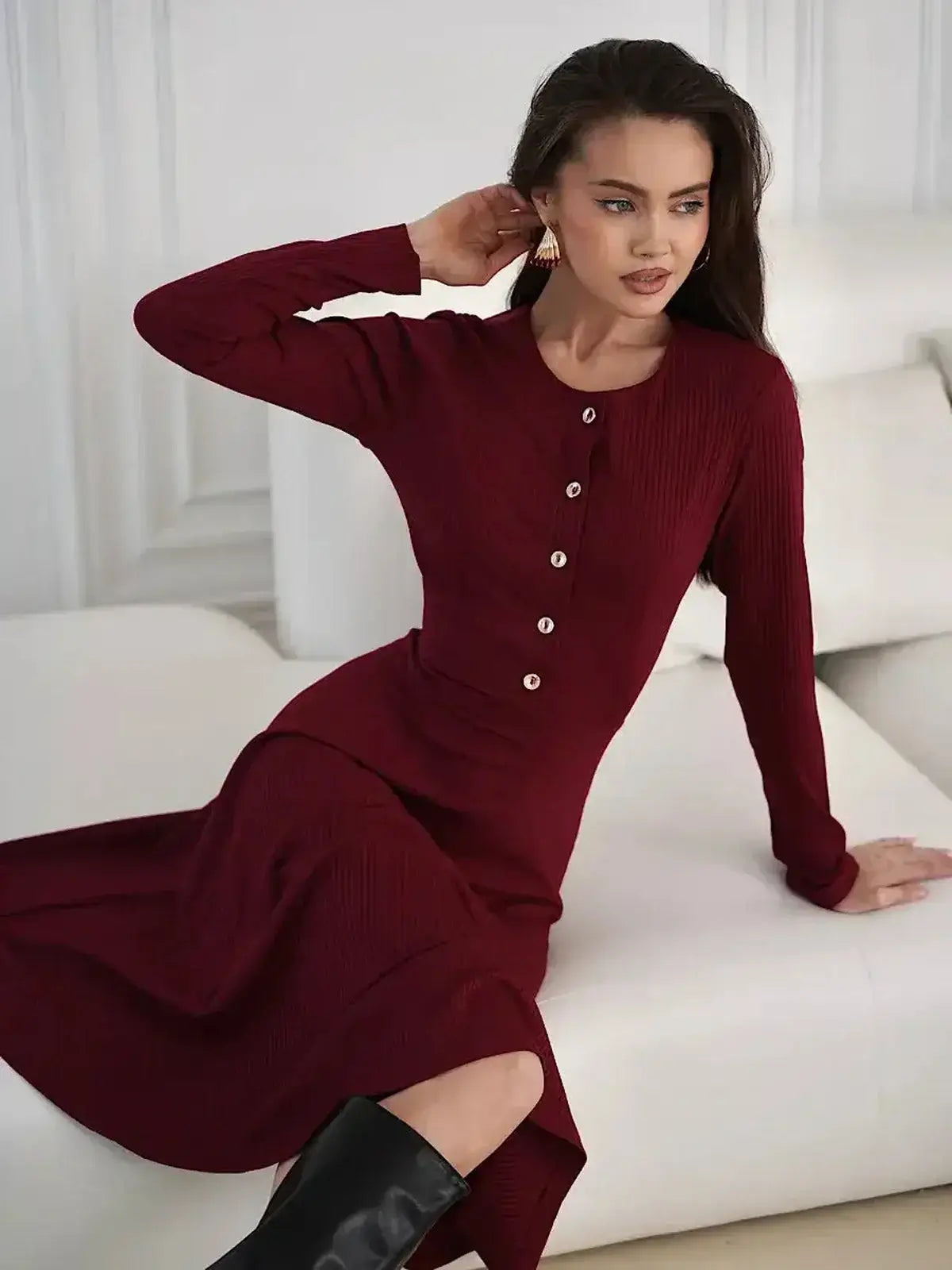 Crimson Grace Midi Dress by Lauven, featuring ribbed texture and gold button detail in burgundy hue.