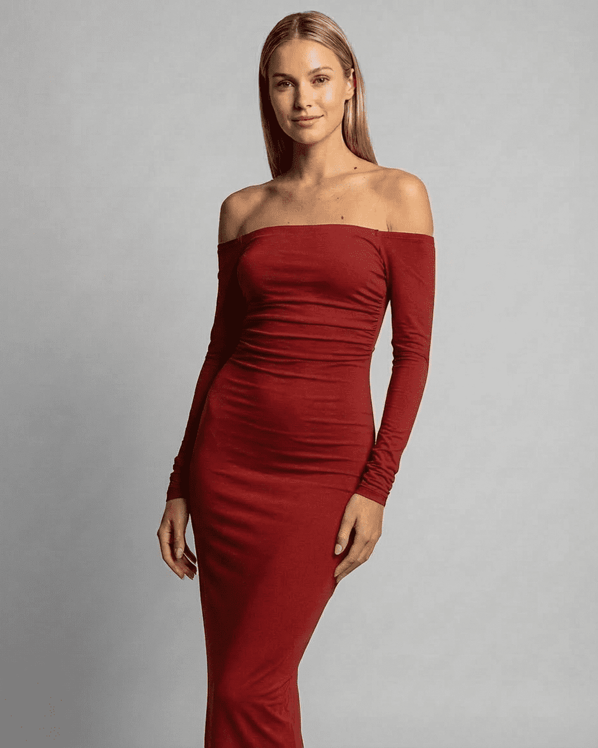 Crimson Maxi Dress by Lauven featuring off-shoulder design and form-fitting silhouette.