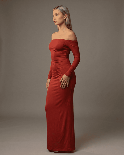 Crimson Maxi Dress by Lauven - Off-Shoulder Long Sleeve Slim Silhouette in elegant red.