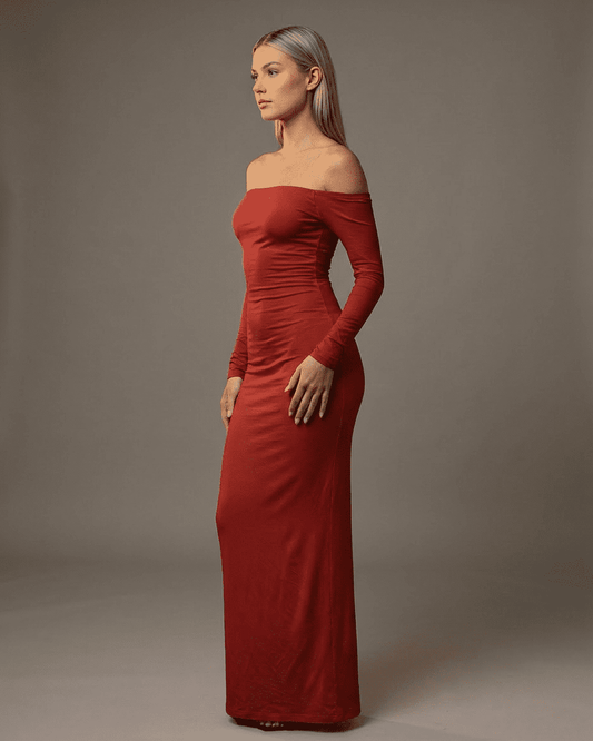 Crimson Maxi Dress by Lauven - Off-Shoulder Long Sleeve Slim Silhouette in elegant red.