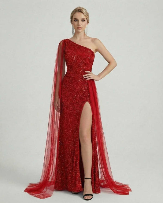 Crimson Maxi Dress by Lauven featuring a one shoulder design, sequin finish, and sheer mesh drape for stunning elegance.