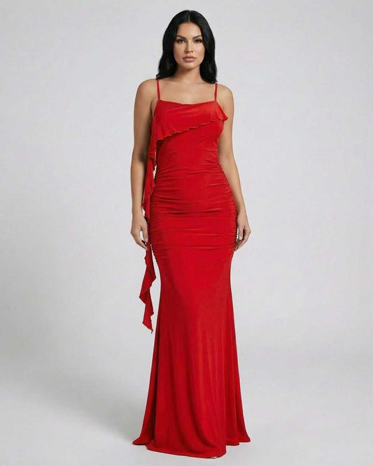 Lauven Crimson Maxi Dress – Sleeveless slip dress with fringe detail in vibrant red color.